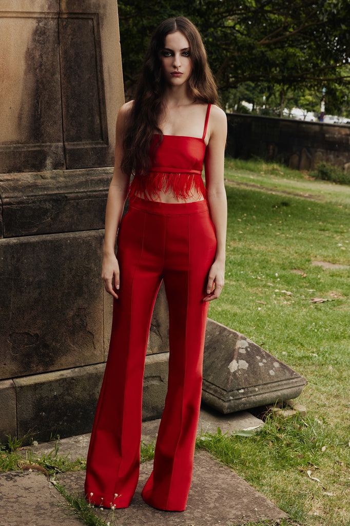 Birdy Bra in Red with Feather Trim