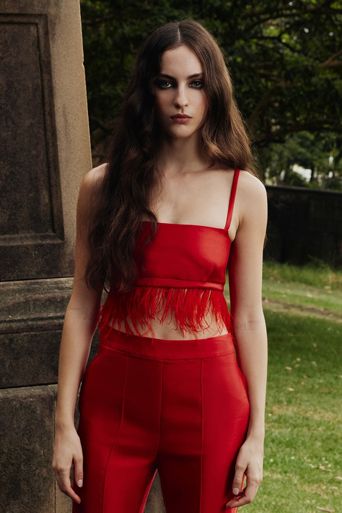 Birdy Bra in Red with Feather Trim