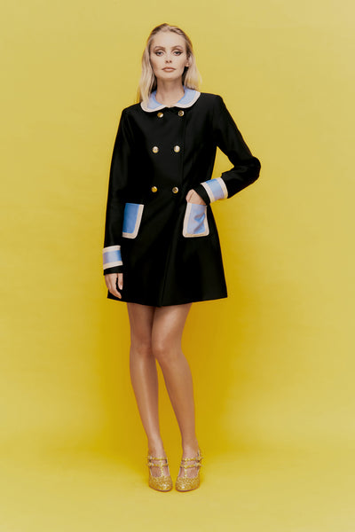 Broadcast black Coat with blue contrast in silk wool by macgraw