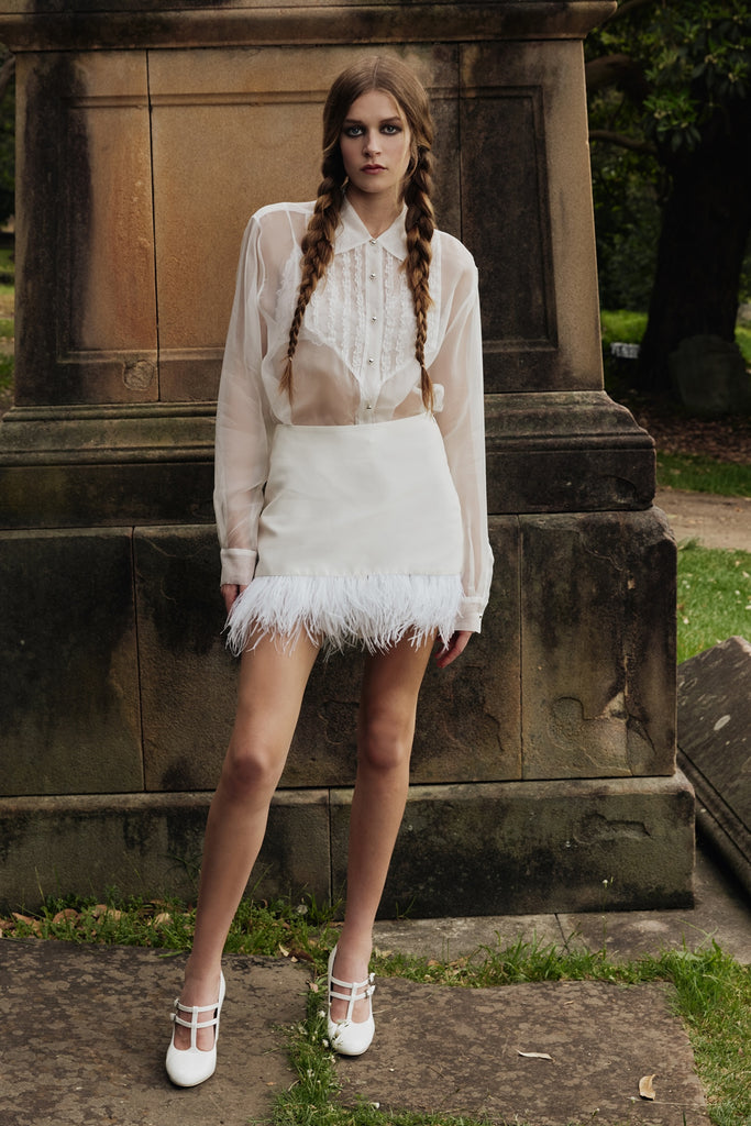 Century Skirt in Ivory with feather trim