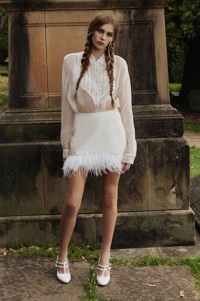 Century Skirt in Ivory with feather trim