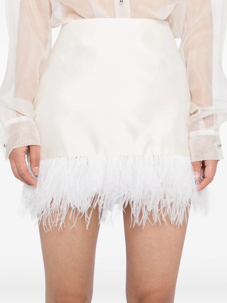 Century Skirt in Ivory with feather trim