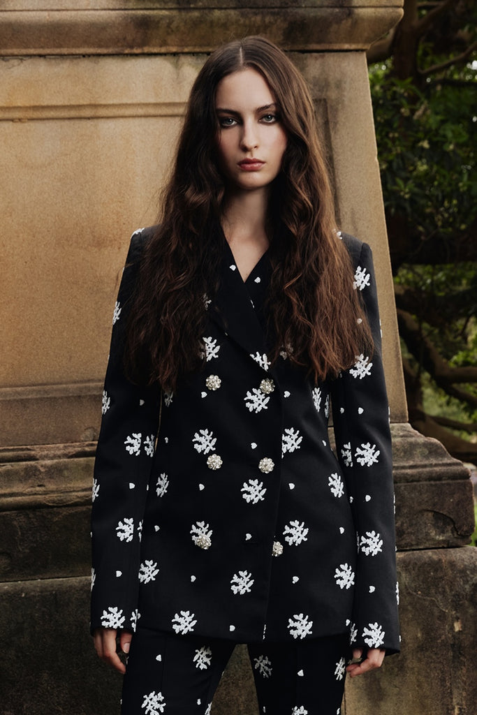 Circa 72 Blazer in Black & White Floral Embroidery