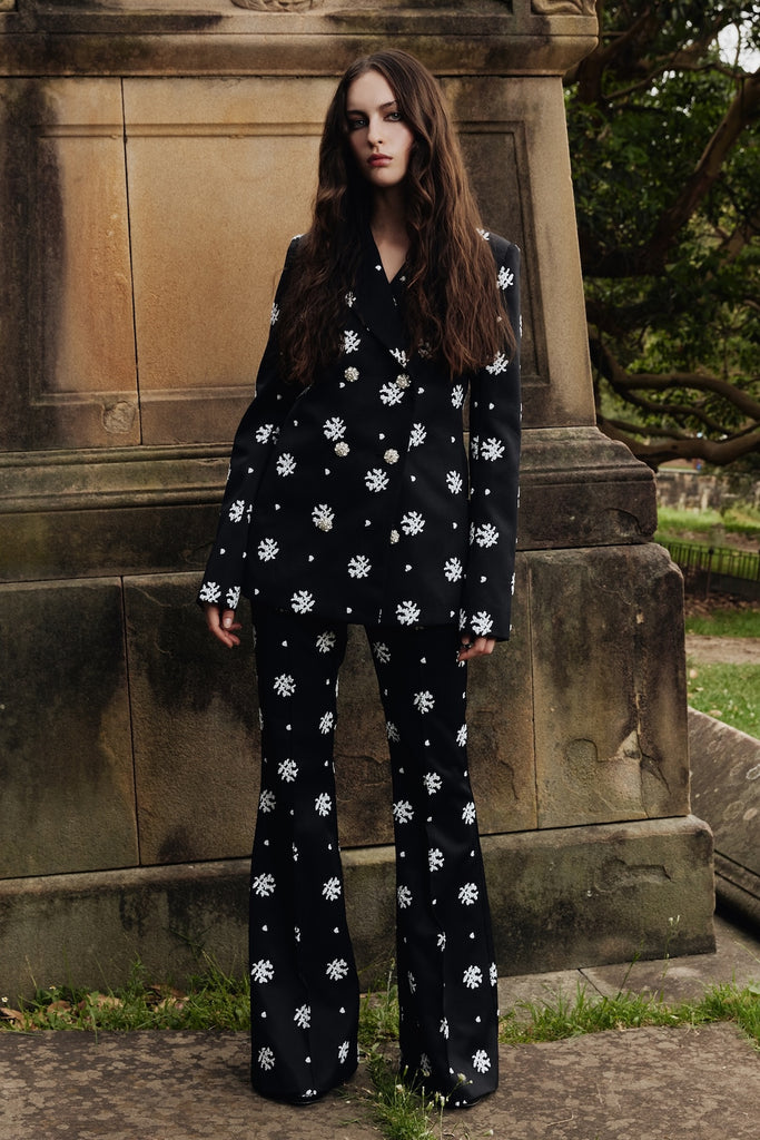 Circa 72 Trouser in Black & White Floral Embroidery