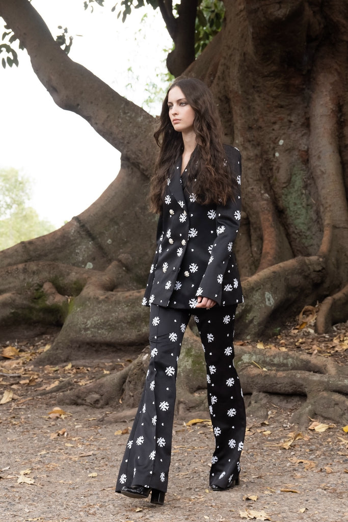 Circa 72 Trouser in Black & White Floral Embroidery