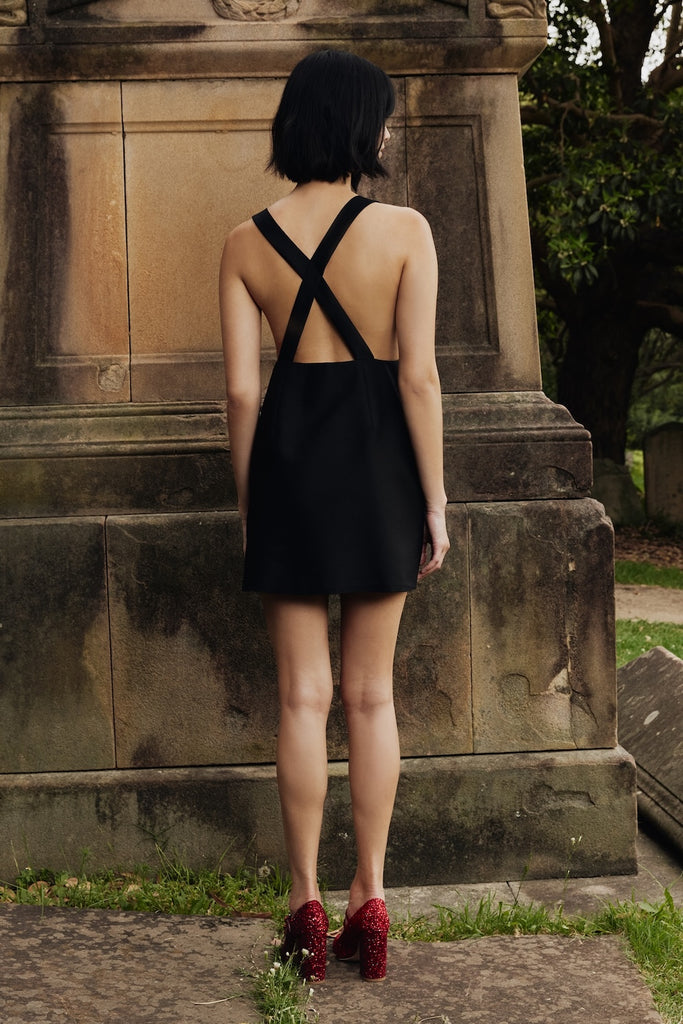 Cross Back Apron Dress in Black