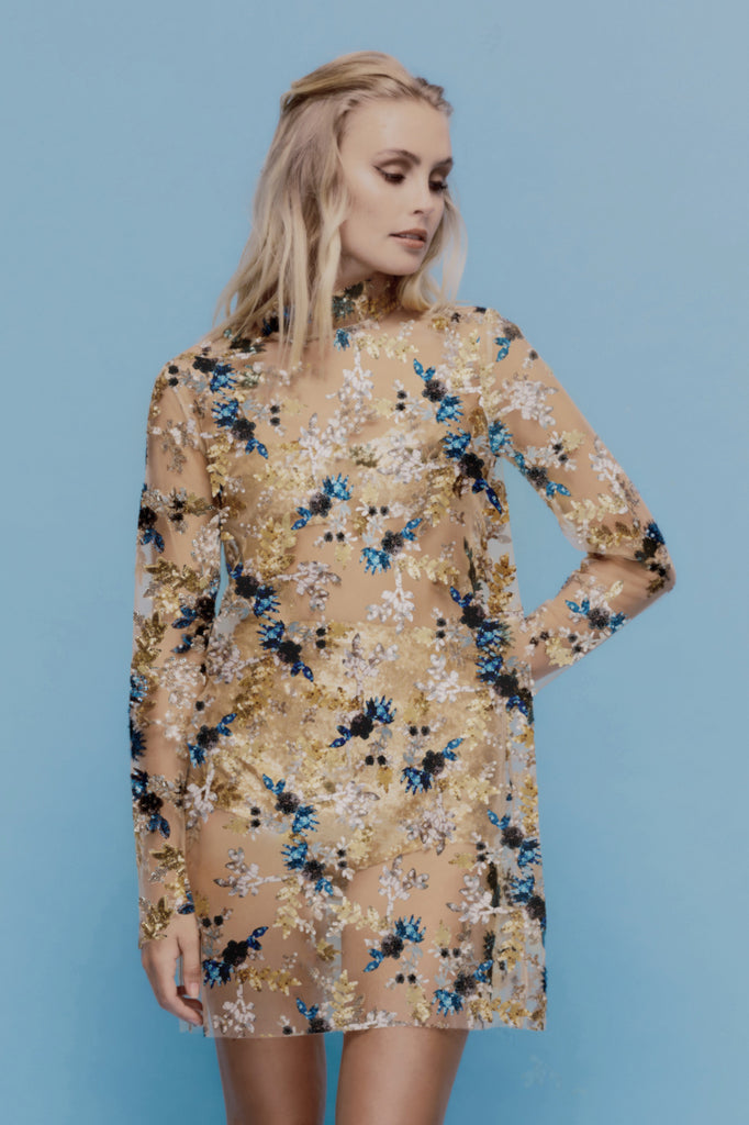 Daisy Chain Dress in blue and gold floral