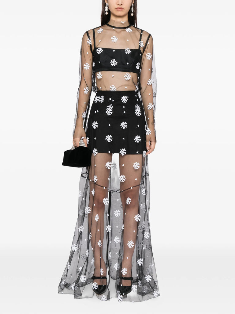 Dorothea Top in Black and white floral embroidery