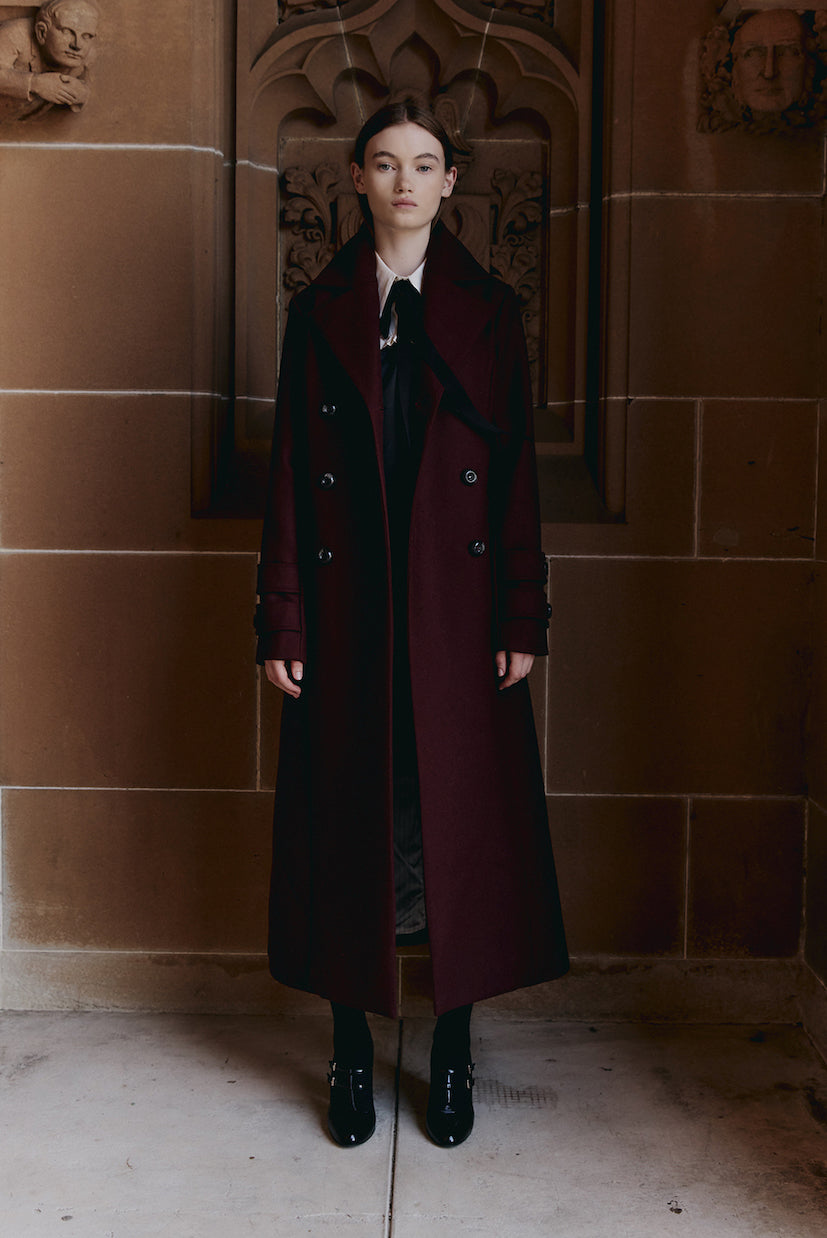 Higher Education double breasted Overcoat in maroon and black by macgraw