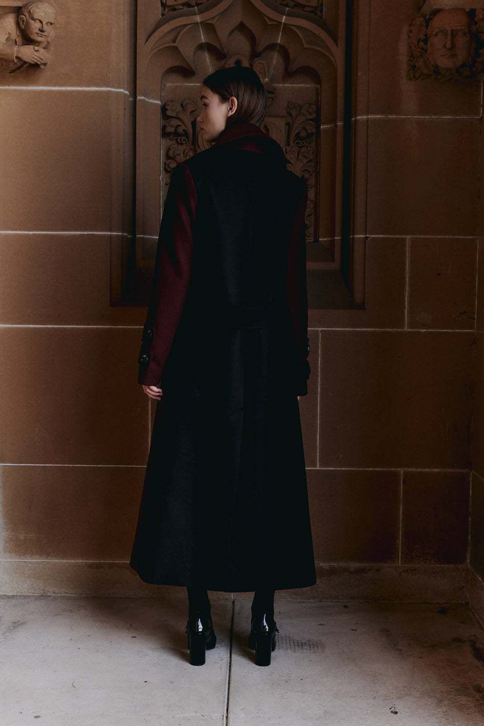 Higher Education double breasted Overcoat in maroon and black by macgraw