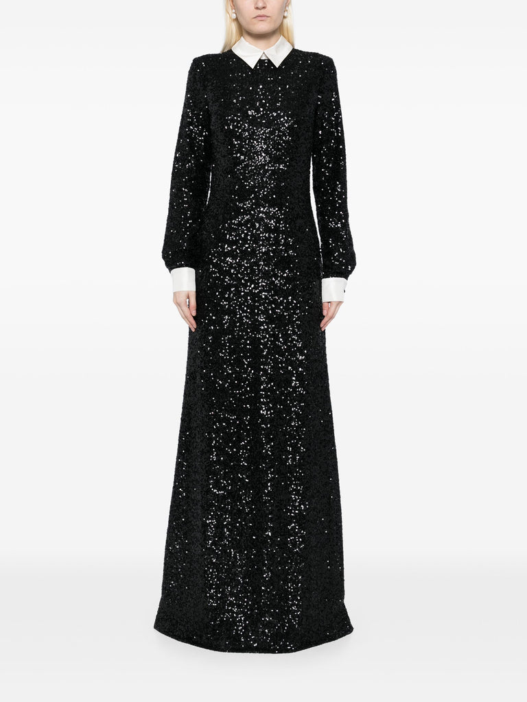 Neo Gothic Black sequin Gown with white silk collar | macgraw Neo Gothic Black sequin Gown with white silk collar | macgraw