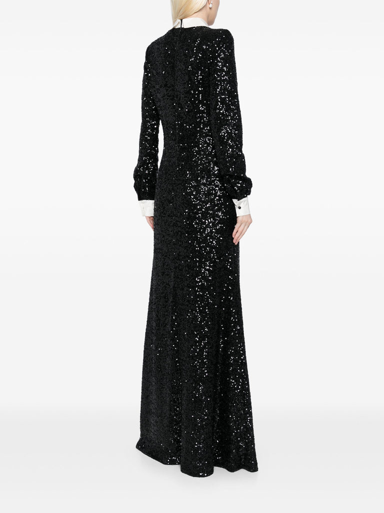 Neo Gothic Black sequin Gown with white silk collar