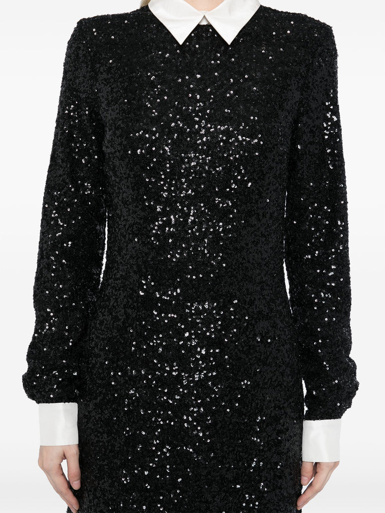 Neo Gothic Black sequin Gown with white silk collar | macgraw Neo Gothic Black sequin Gown with white silk collar | macgraw