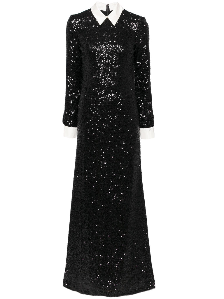 Neo Gothic Black sequin Gown with white silk collar | macgraw Neo Gothic Black sequin Gown with white silk collar | macgraw
