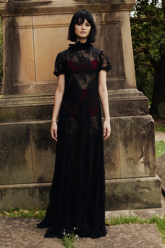 Reverence Long black lace dress with short sleeves by macgraw Reverence Long black lace dress with short sleeves by macgraw
