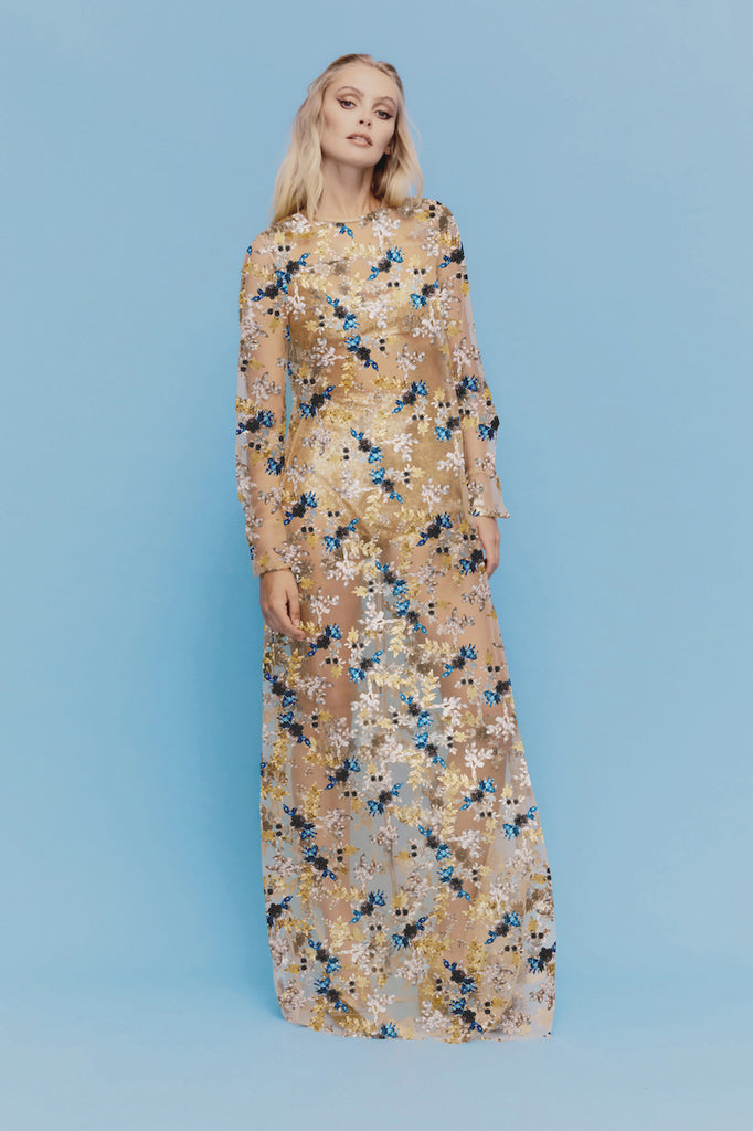 Soiree Dress in blue and gold floral sequin