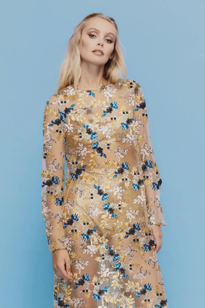 Soiree Dress in blue and gold floral sequin