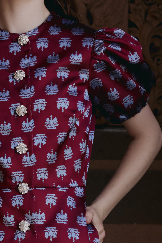 Sorbet Dress in maroon and blue crest by macgraw Sorbet Dress in maroon and blue crest by macgraw
