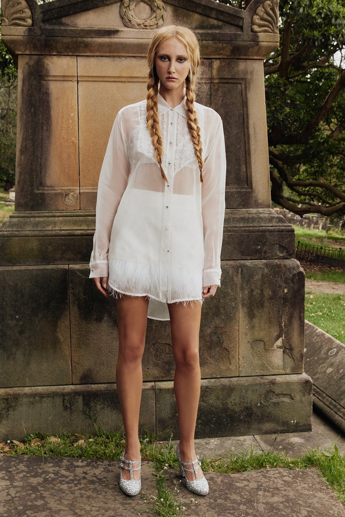 Tuxedo Sheer Blouse in Ivory Silk organza