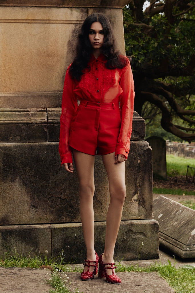 Tuxedo Sheer Blouse in Red Silk organza