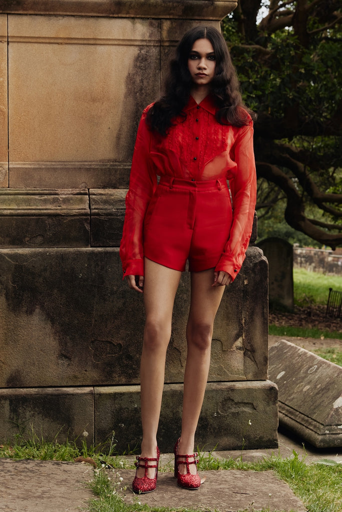 Tuxedo Sheer Blouse in Red Silk organza