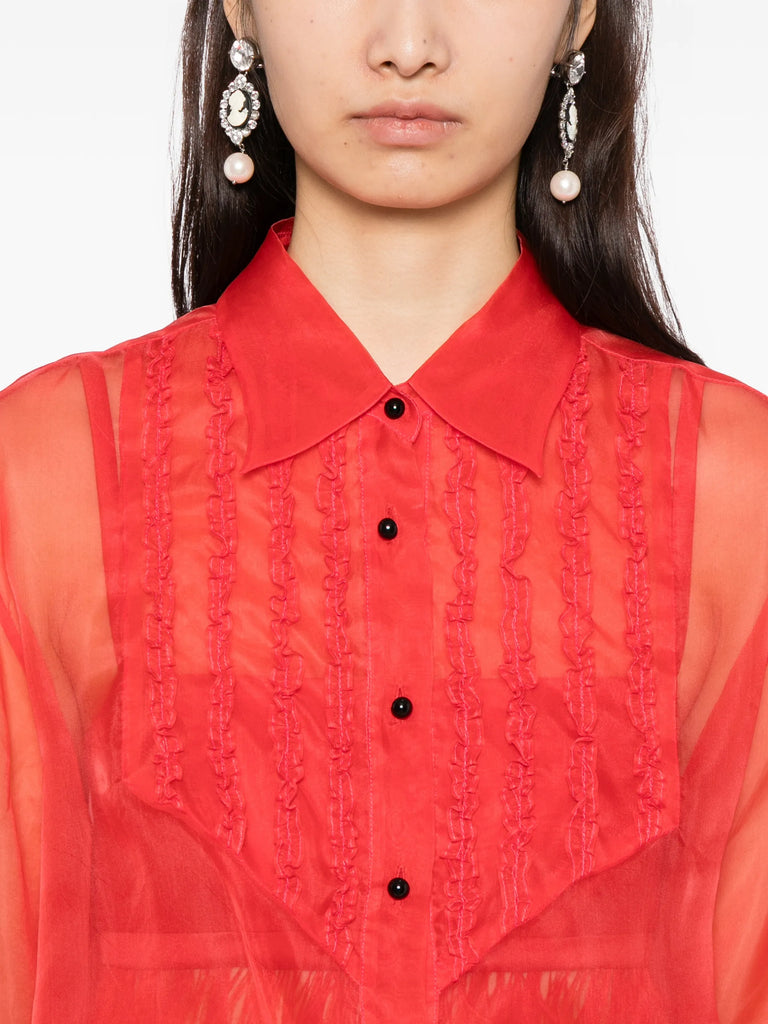Tuxedo Sheer Blouse in Red Silk organza