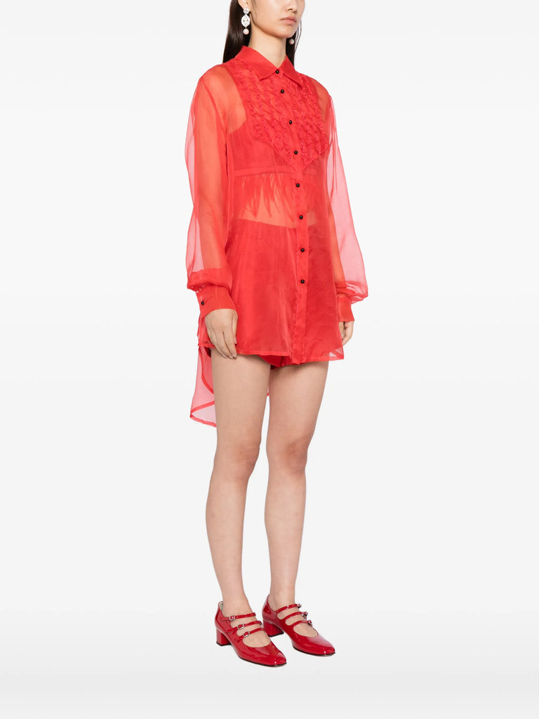 Tuxedo Sheer Blouse in Red Silk organza