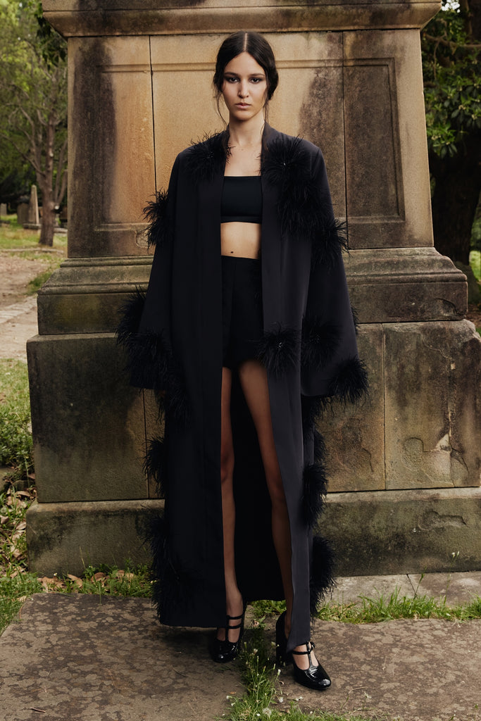 Verger Robe in Black with feather appliqué