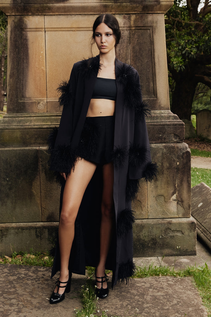 Verger Robe in Black with feather appliqué
