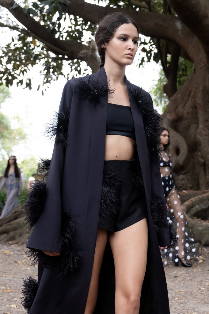 Verger Robe in Black with feather appliqué