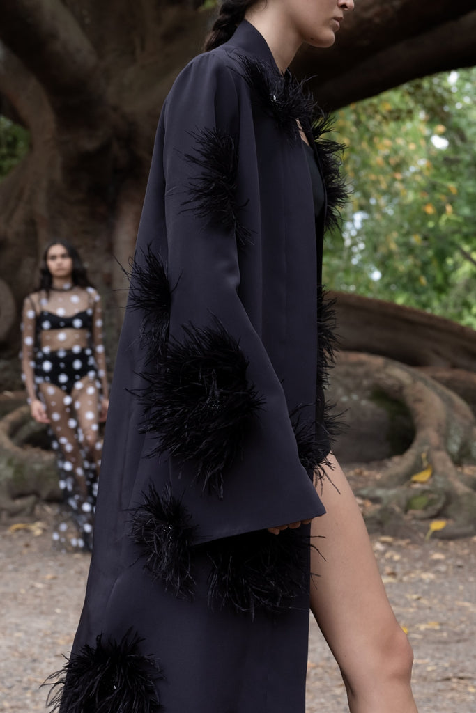 Verger Robe in Black with feather appliqué