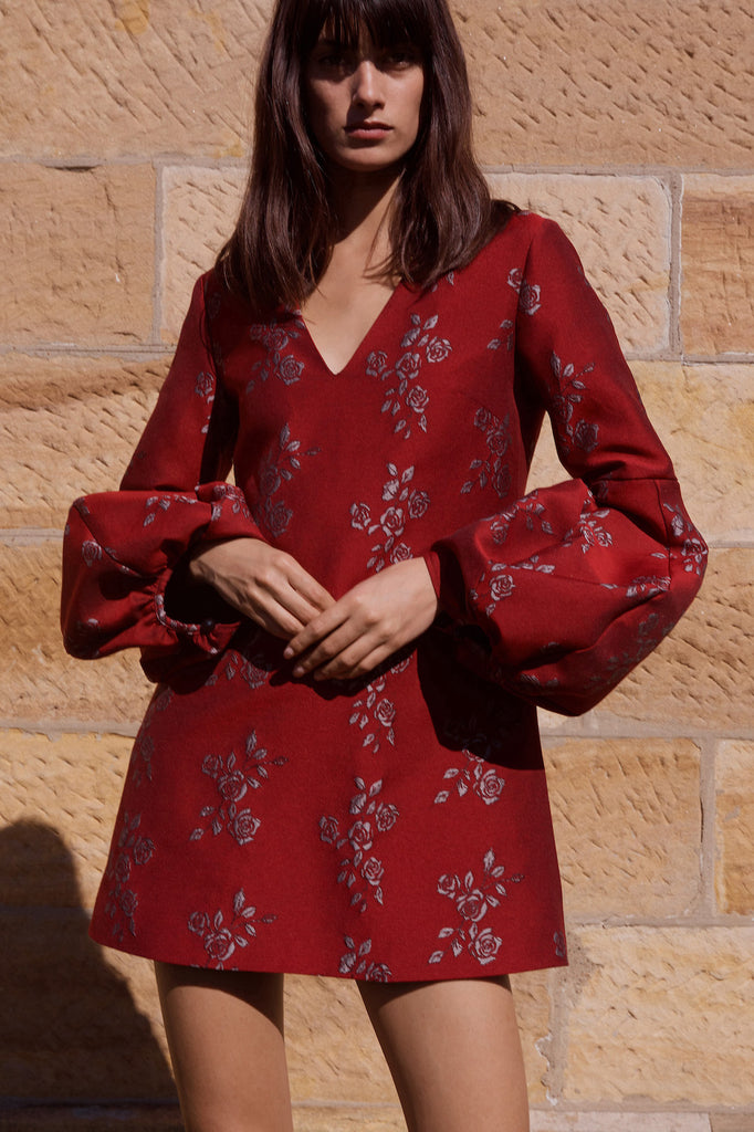 Delphine Dress in wine jacquard