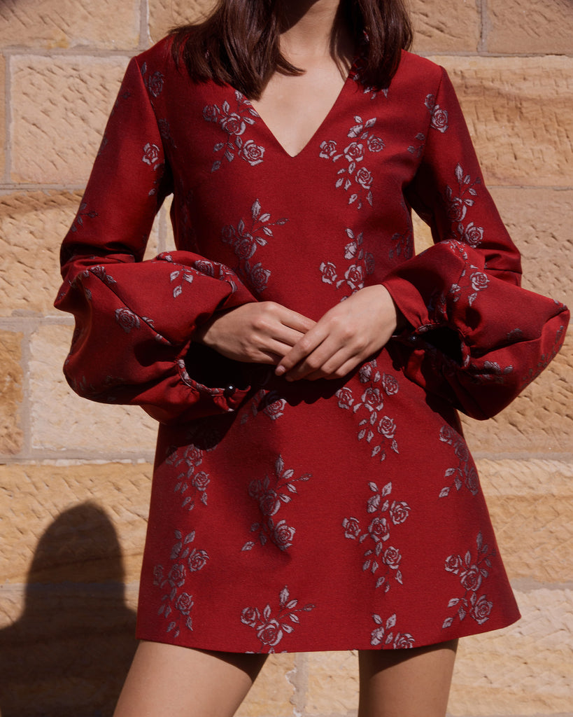Delphine Dress in wine jacquard
